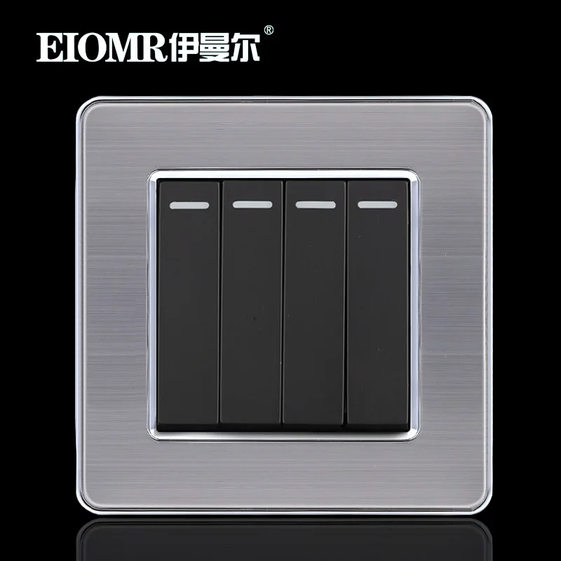 

86mm EU Black Stainless Steel Metal Wire Drawing Wall Switch for Household Power Supply 4Gang 1Way Switch 250V 16A