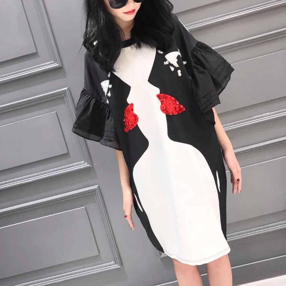 

Red Dress Sequins Cartoon Eyes Dresses 2018 Summer Women Clothing Flare Sleeve Vestidos Oversized Dresses for Gril LT299S30