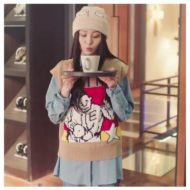 Spring 2019 My Nanny Manual Zheng Shuang The Same Sweater Women Vest Cartoon Jacquard Vest Sweater Women