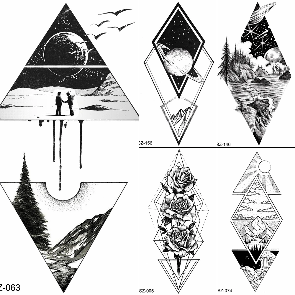 

Geometric Tattoos Temporary Moon Men Body Arm Art Tattoo Stickers Birds Peak Fake Triangle Women Hill Tatoos Planet Xmas Gifts