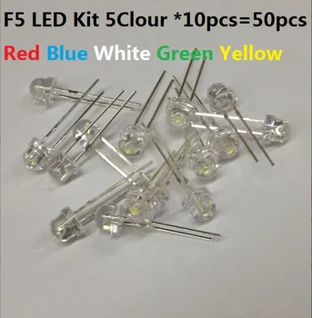 

5 Colour *10pcs=50pcs Straw hat F5 LED 5MM Red Blue White Green Yellow Assorted kit set transparent cover pack DIY