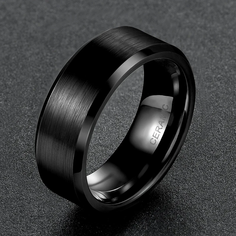 

8mm Black Ceramic Ring Brushed Polished Flat Comfort Fit Wedding Engagement Band