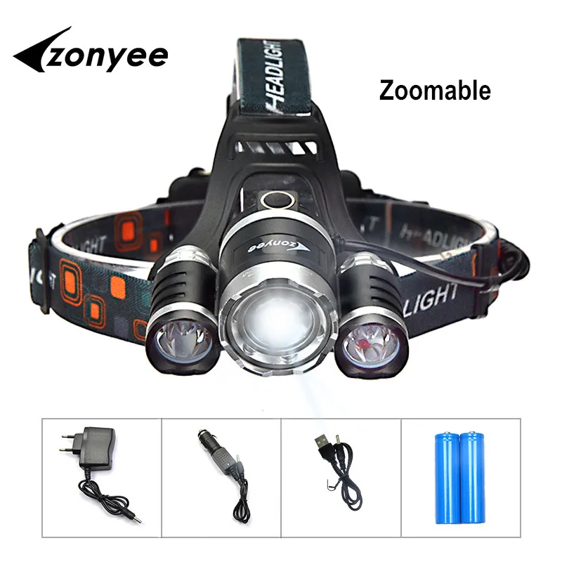 

Flashlight Forehead Headlight Rechargeable Head Torch Flashlight 10000Lm 3*XML T6 LED Lamp Zoom 4 mode 18650 Lampe Frontale Camp