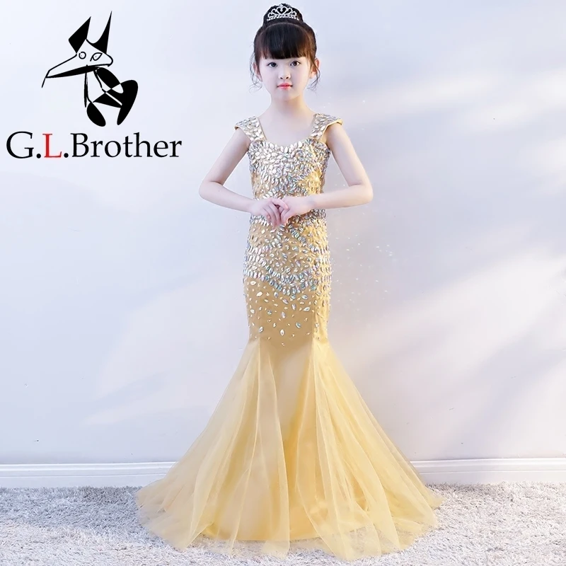 Luxury Gold Mermaid Princess Party Dress Crystal Beading Kids Pageant Dress Birthday Costume Tulle Fishtail Girls Formal Dress B Luxury Gold Mermaid Princess Party Dress Crystal Beading Kids Pageant Dress Birthday Costume Tulle Fishtail Girls Formal Dress B