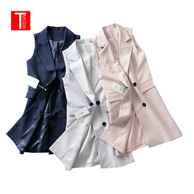 

2019 Spring Women Elegant Sleeveless Long Vest Double Breasted Waistcoat Solid Pockets Jacket Casual Pink Navy Outerwear Tops