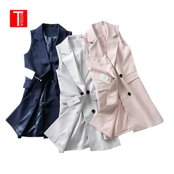 

2019 Spring Women Elegant Sleeveless Long Vest Double Breasted Waistcoat Solid Pockets Jacket Casual Pink Navy Outerwear Tops