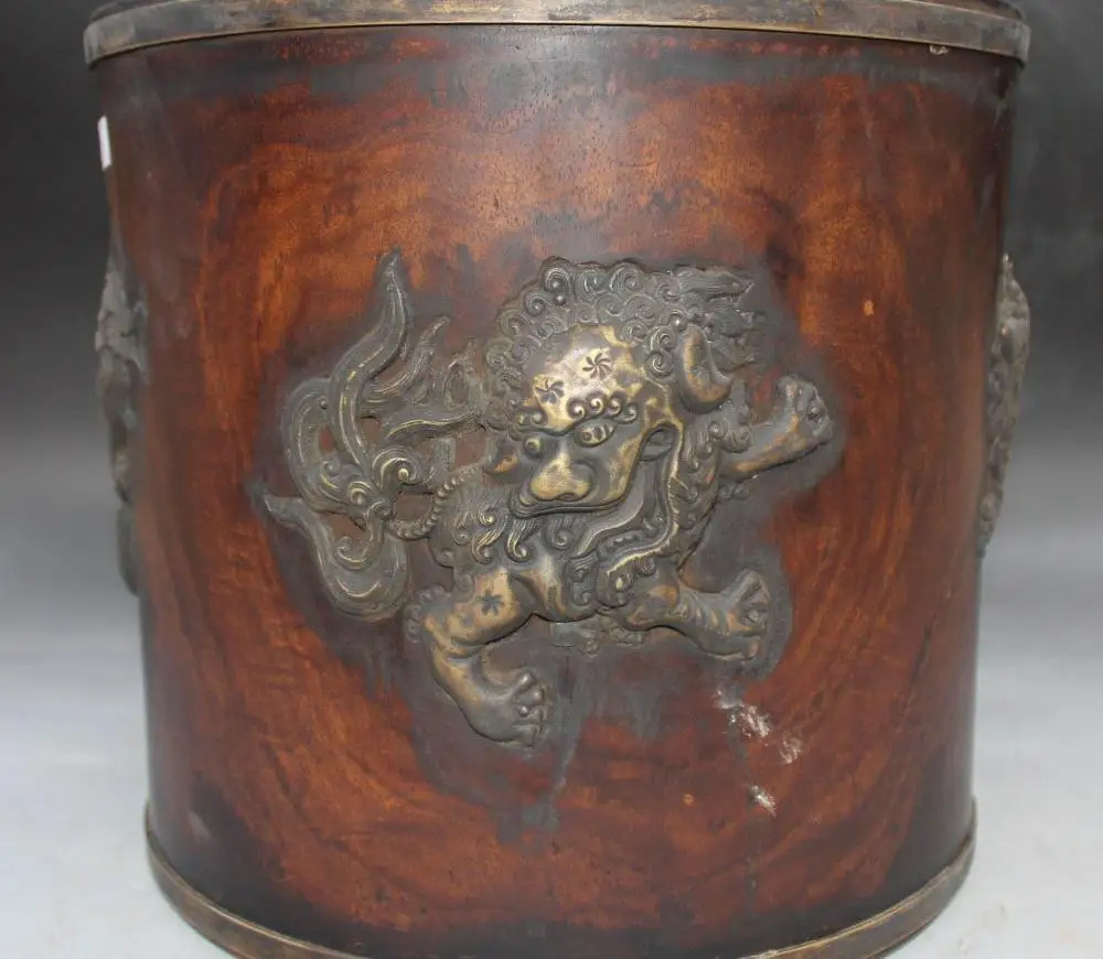 

10" Chinese Huanghuali Yellow pear Wood Lion Pen Container Brush Pot Statue