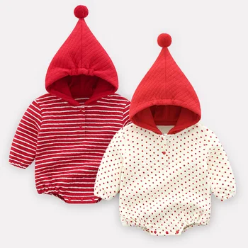 

New Baby Girl Cotton Thick Bodysuit Polka dot Hooded One-piece Toddle Boy Red Striped Body with Magic Hat Born 3m 6m 9m 1T Gift