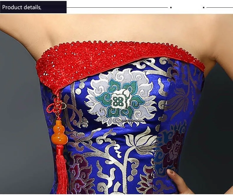 Tube top trailing royal blue fishtail cheongsam wedding dresses brocade long traditional chinese cheongsam wedding dresses (10)