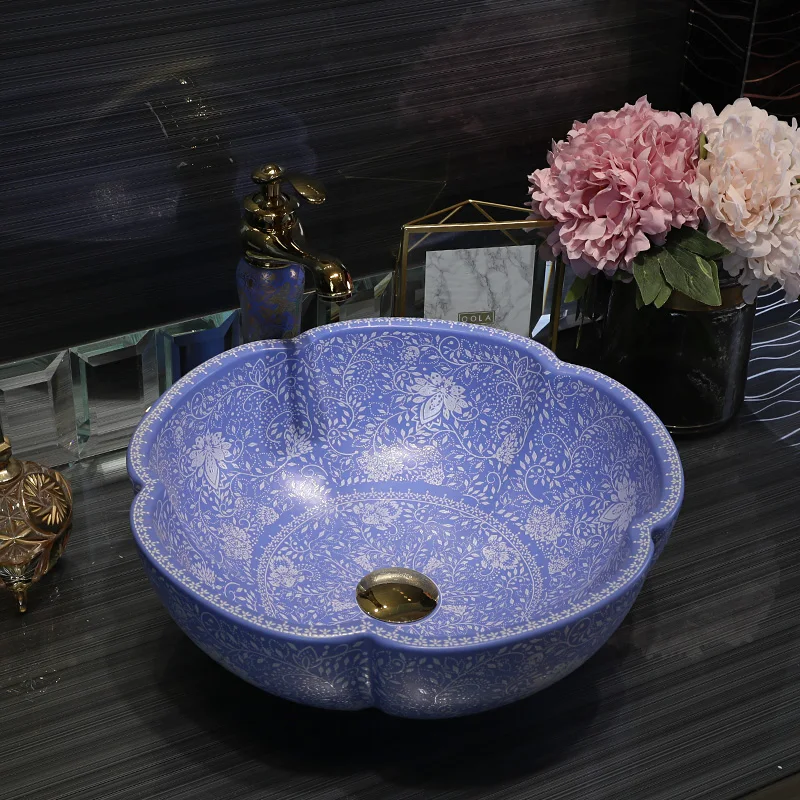 Jingdezhen ceramic sanitary ware art counter basin wash basin lavabo sink Bathroom sink chinese ceramic basin sinks blue flower