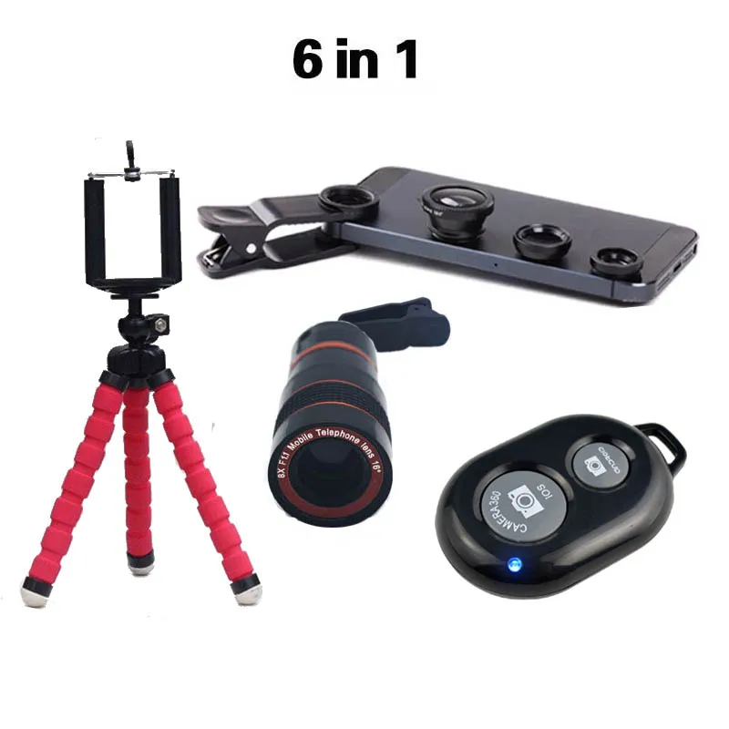 

2016 New 6in1 8x Zoom Telephoto Camera Lens Telescope Flexible Mini Tripod Phone 3in1 Lens with Bluetooth Shutter for smartphone