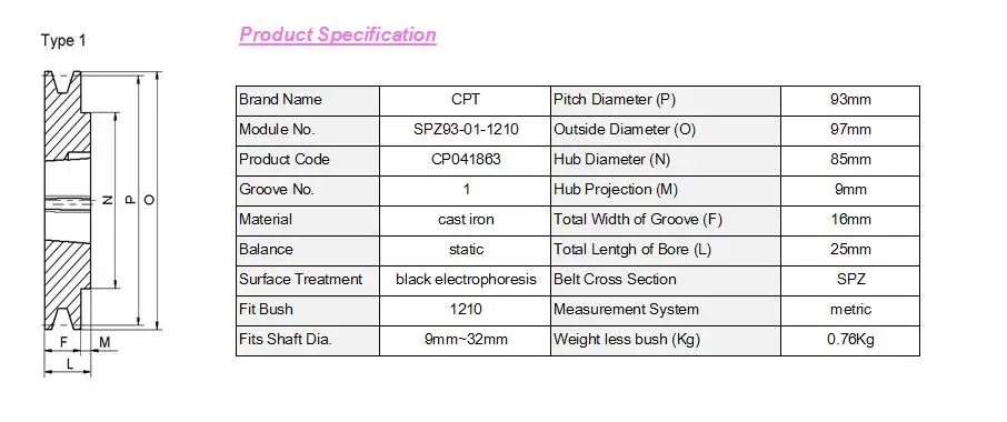 CPT SPZ ремень 1 паз pully с 97 мм наружный диаметр, 1210 конический замок втулка 32 мм Максимальный диаметр, прочный шкив для пряжи машины