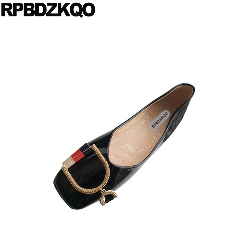 

shoes square toe metal china patent leather rhinestone beautiful black soft ballet flats women red diamond rubber sole chic