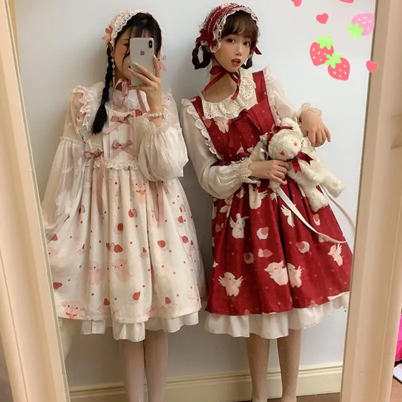 

Kawaii Lolita Princess Cute Angel Pig&Strawberry Printed Jsk Dress Japanese Harajuku Bow Lace Flouncing Women's Suspenders Dress