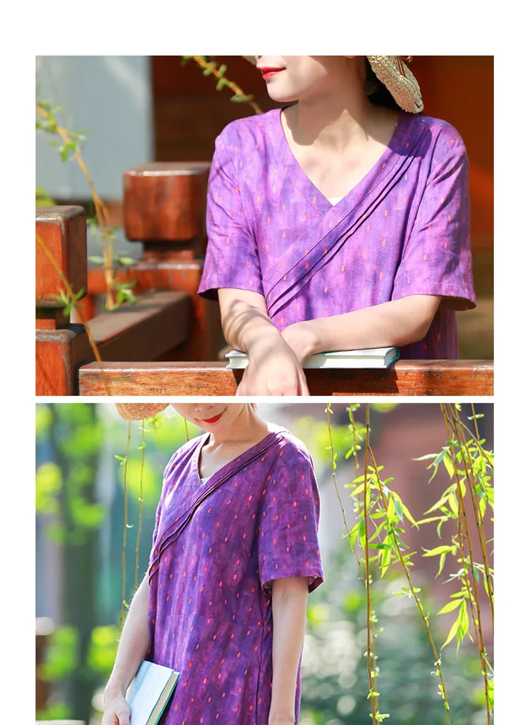 LZJN V-Neck Short Sleeve Dresses New Women High Waist Vintage Purple Color 2019 Summer Cotton Linen Maxi Pockets Dresses (19)