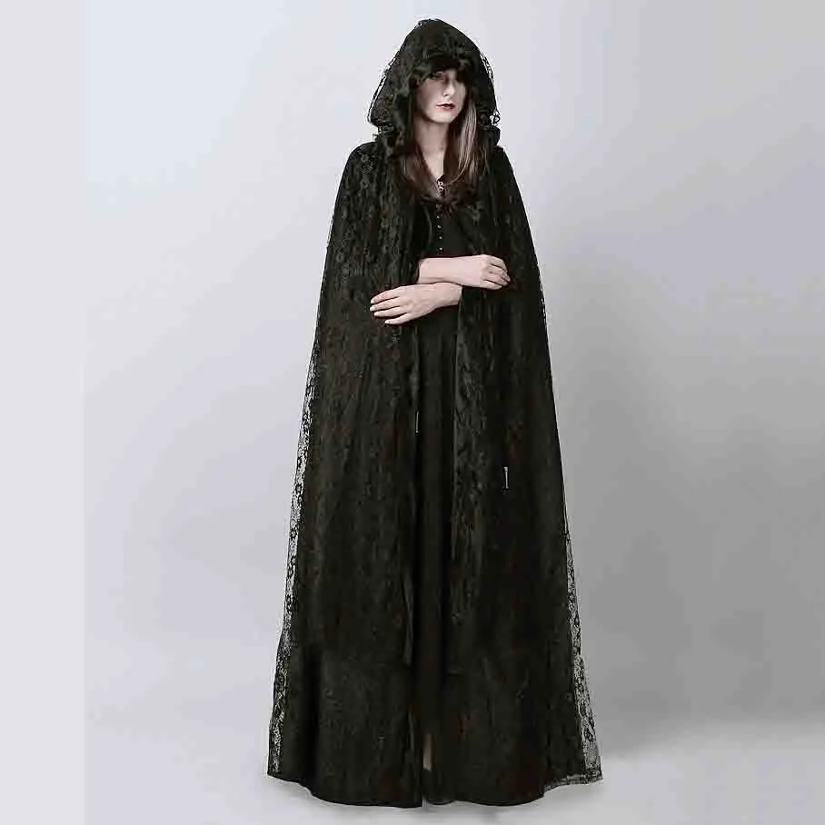 

Women Coat Steampunk Black Floral Lace Long Hooded Cloak Cape Female Rock Punk Halloween costume cosplay Party Gothic Clothes