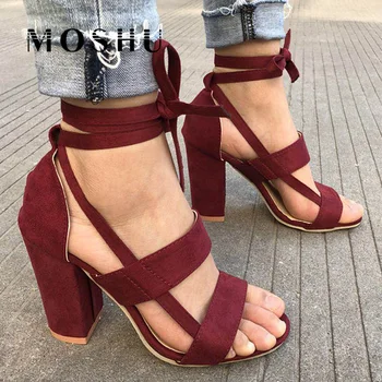 

Summer High Heel Sandals Women Solid Cross Tied Sandals Ladies Red Bottom High Heel Shoes Chaussure Femme Plus Size 34-43