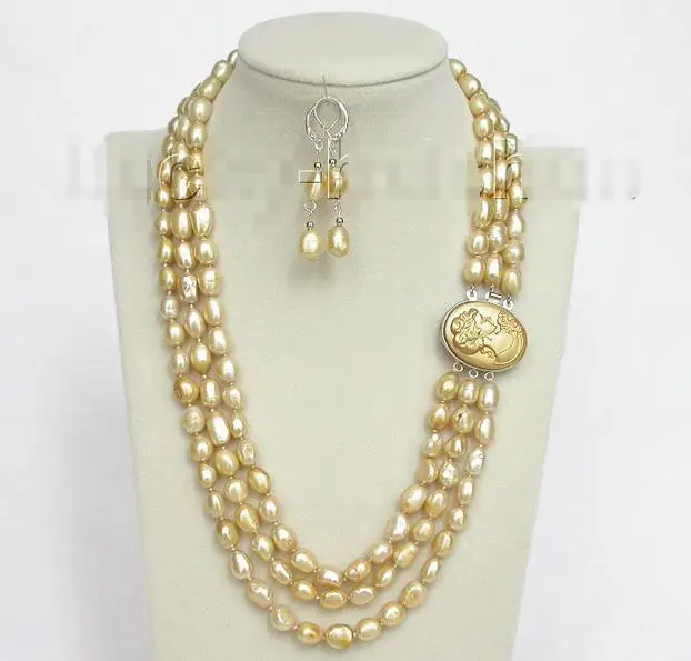 

Free shipping hot sale Women Bridal Wedding Jewelry >>20" 3row 12mm baroque champagne pearls necklace dangle Earring j8490