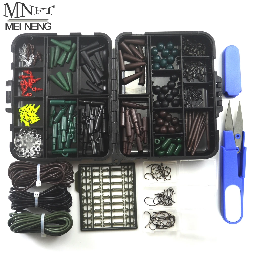 Ceny 1 zestaw Assorted Carp akcesoria wędkarskie linia nożyczki korek hak obrotowy gumowy rękaw Sinker Lock Hair Rig itp. Terminal Tackle