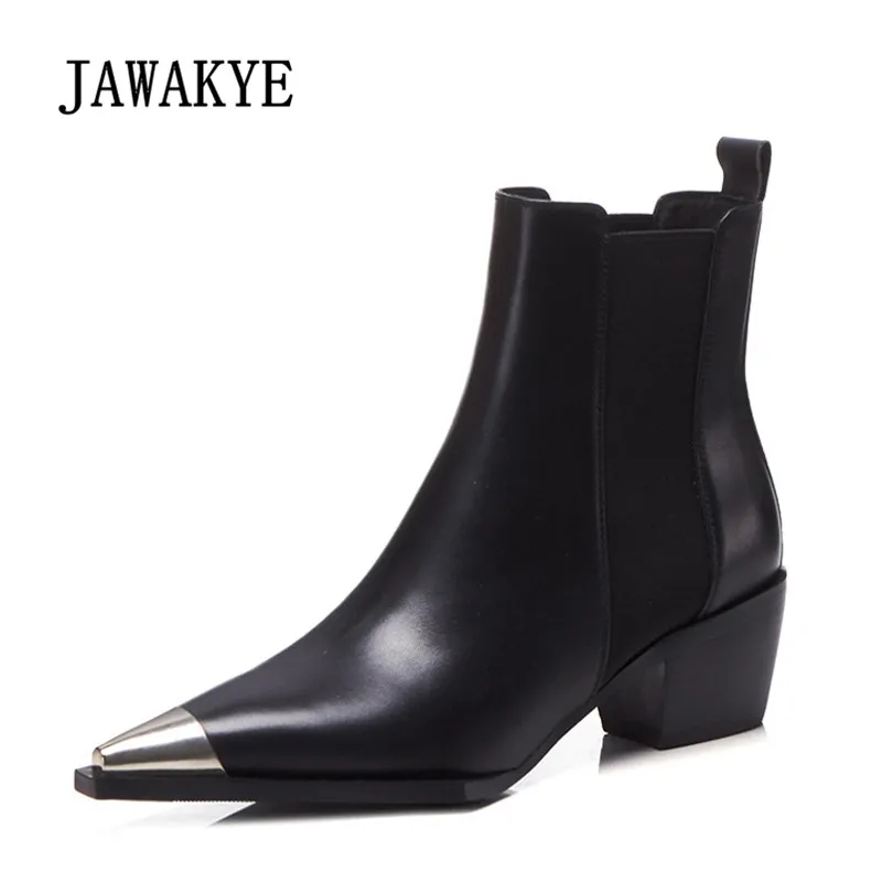 

2018 Runway Ankle Boots Woman Metal Pointed Toe Real Leather High Heel Boots Women Fashion Chelsea Boots