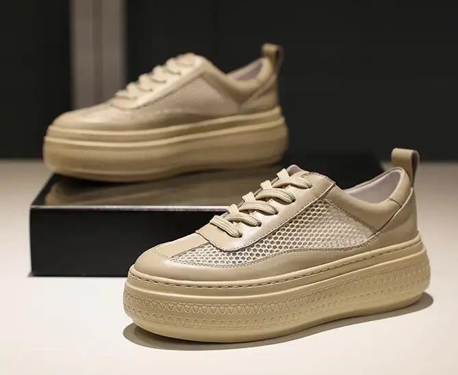 Stylesowner увеличенная толстая подошва Маффин каблук обувь на шнурках обувь с дышащей сеткой кожаные кроссовки женские тонкие туфли для женщин