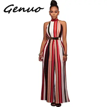 

Genuo New Summer Romper Women Jumpsuit Sexy Ladies Casual Elegant Loose Office Sleeveless Striped Halter Long Plus Size Overalls