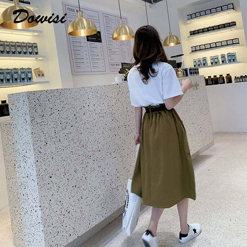 

Dowisi Midi Knee Length Summer Skirt Women With Belt 2019 Fashion Korean Ladies High Waist Pocket A-line School Skirt Female