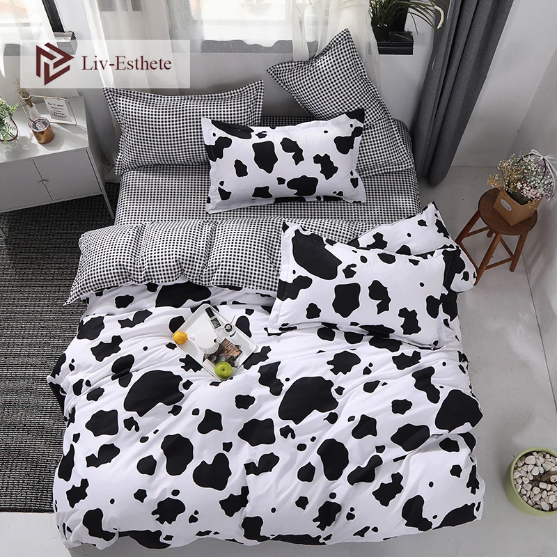 

Liv-Esthete Wholes Cartoon Cow Spot Bedding Set Double Queen King Bed Linen Soft Duvet Cover Flat Sheet Pillowcase For Adult