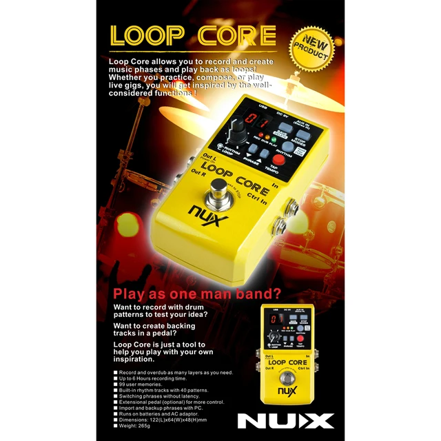 Cheap NUX Loop Core Guitar Effect Pedal Looper 6 Hours Recording Time 99 User Memories Drum Patterns with Tap Tempo - Yellow