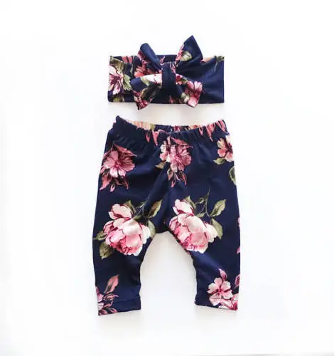 2 предмета, Одежда для новорожденных девочек штаны-шаровары с цветочным принтом штаны и повязка на голову