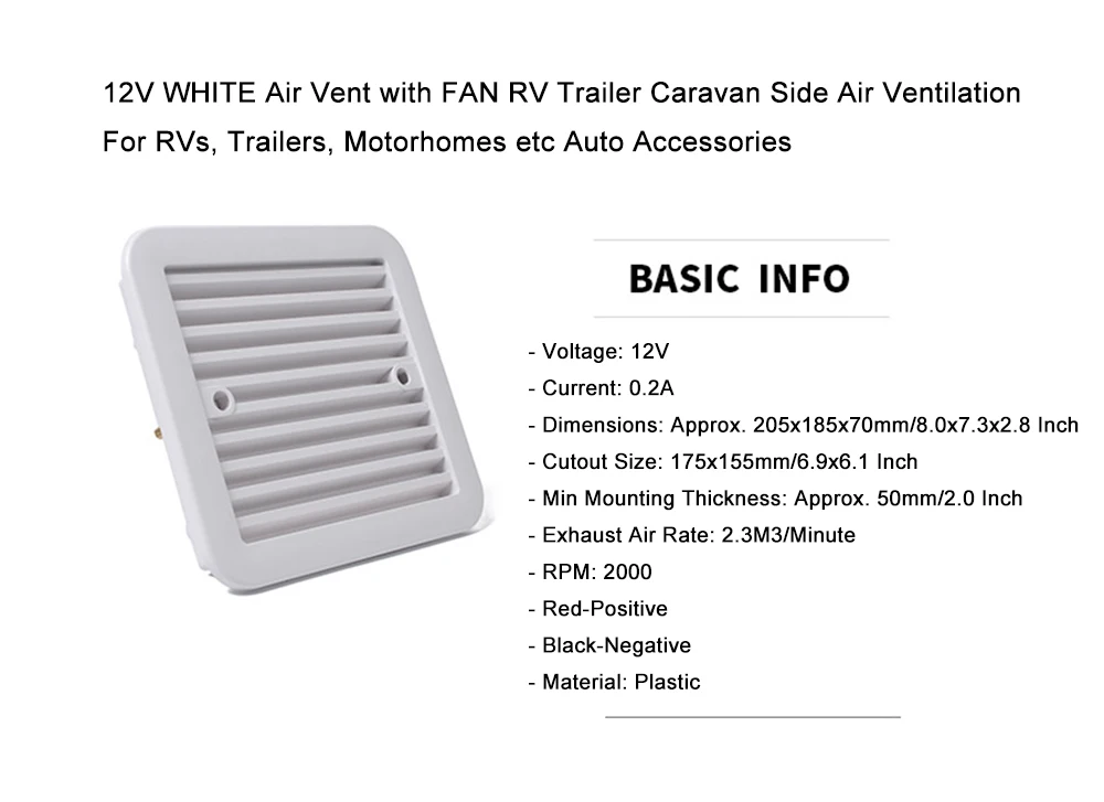 12 В Белый вентиляционный вентилятор с вентилятором RV трейлер караван боковой вентиляции воздуха для RVs, трейлеров, автодомов и т. д