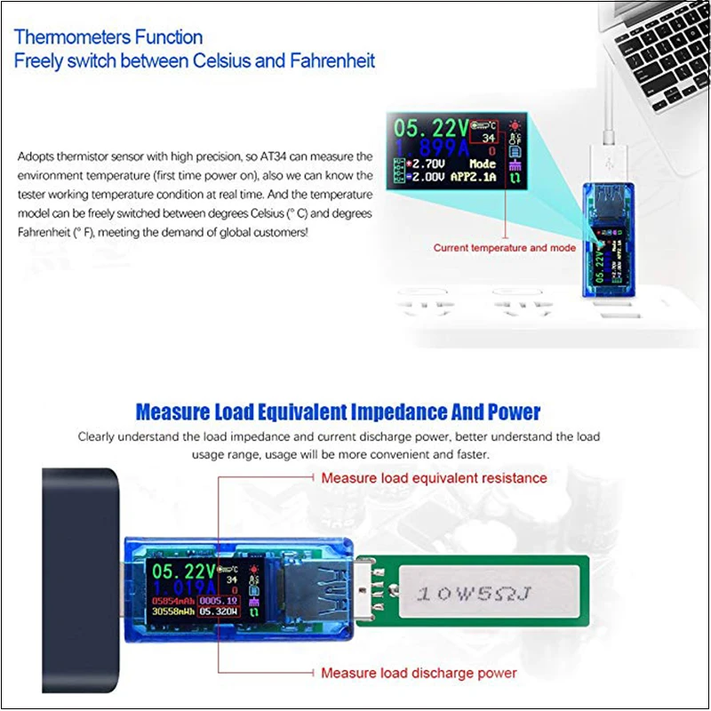 bleu AT34 USB3.0 IPS HD /écran couleur USB Tension testeur Capacit/é courant d/énergie Puissance imp/édance /équivalente testeur de temp/érature
