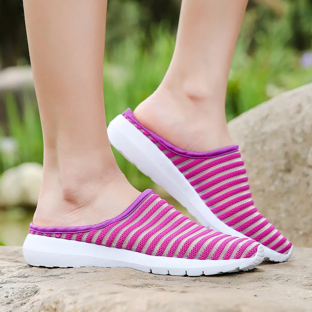

Canvas Slippers Women Summer Shoes Striped Round Toe Outdoor Moccasins Plus Size Slipper Sport Shallow Fashion Loafers Slides