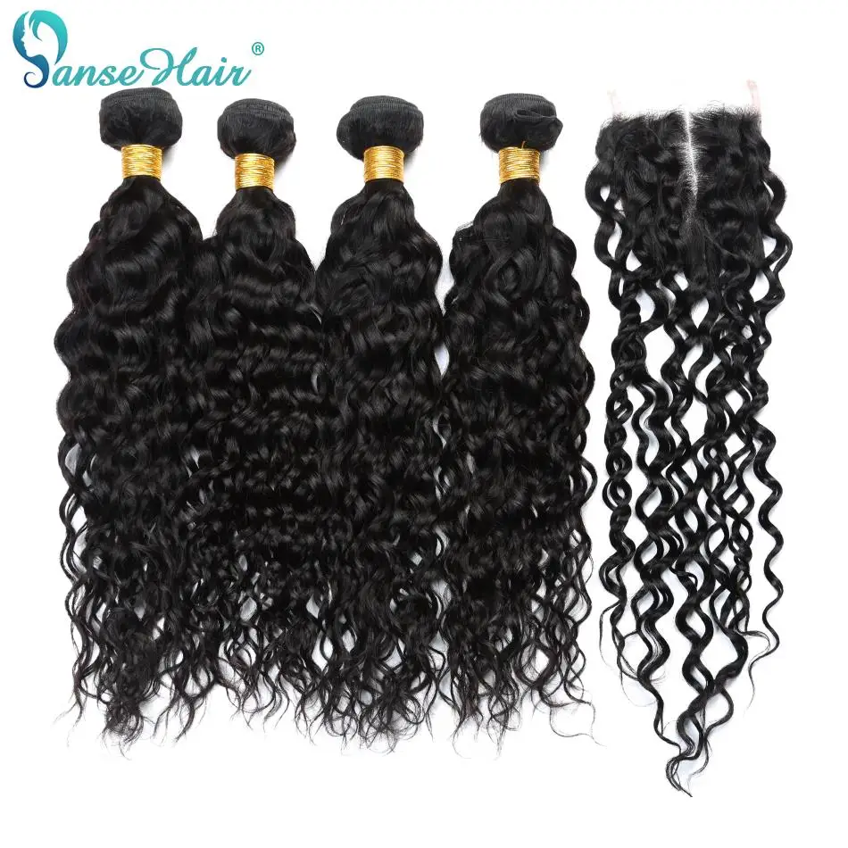 

Panse Hair European Non Remy Hair Water Wave Bundles With Closure Hair Extension 3 Bundles With One Lace Closure 100% Human Hair