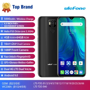 

2019 original Ulefone 6350mAh Mobile Phone Android 9.0 Pie 6.3" FHD Helio P35 Octa Core 4GB+64GB 16MP NFC 4G Smartphone