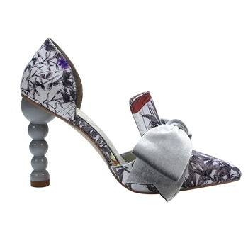 

Women shoes Full Genuine Leather Printing Bow Pointed Toe Strange High Heel Stiletto Woman Pumps Party Shoes big size