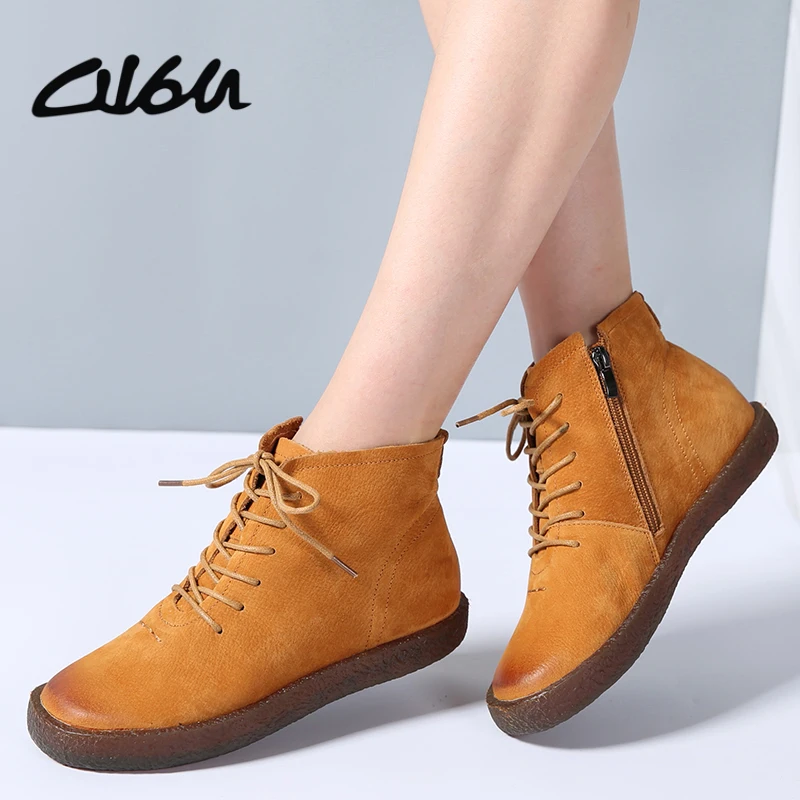 O16U Ankle boots Shoes Women Genuine Leather Lace up Ladies boots Retro ...