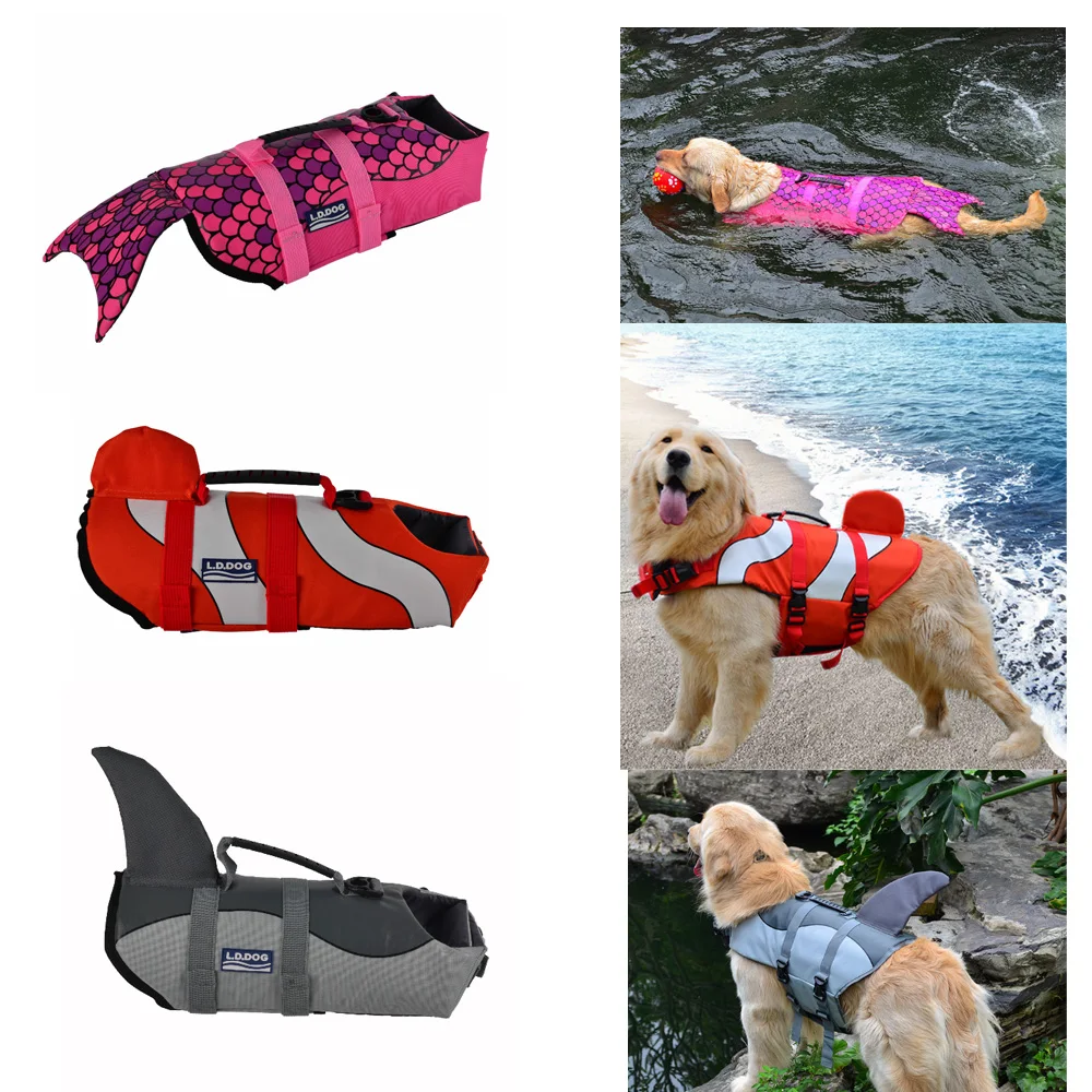 

QQQPET Mermaid Pet Dog swimming Clothes Shark Life Vest Collar Harness Saver Pet Dog Swimming Preserver Summer Swimwear