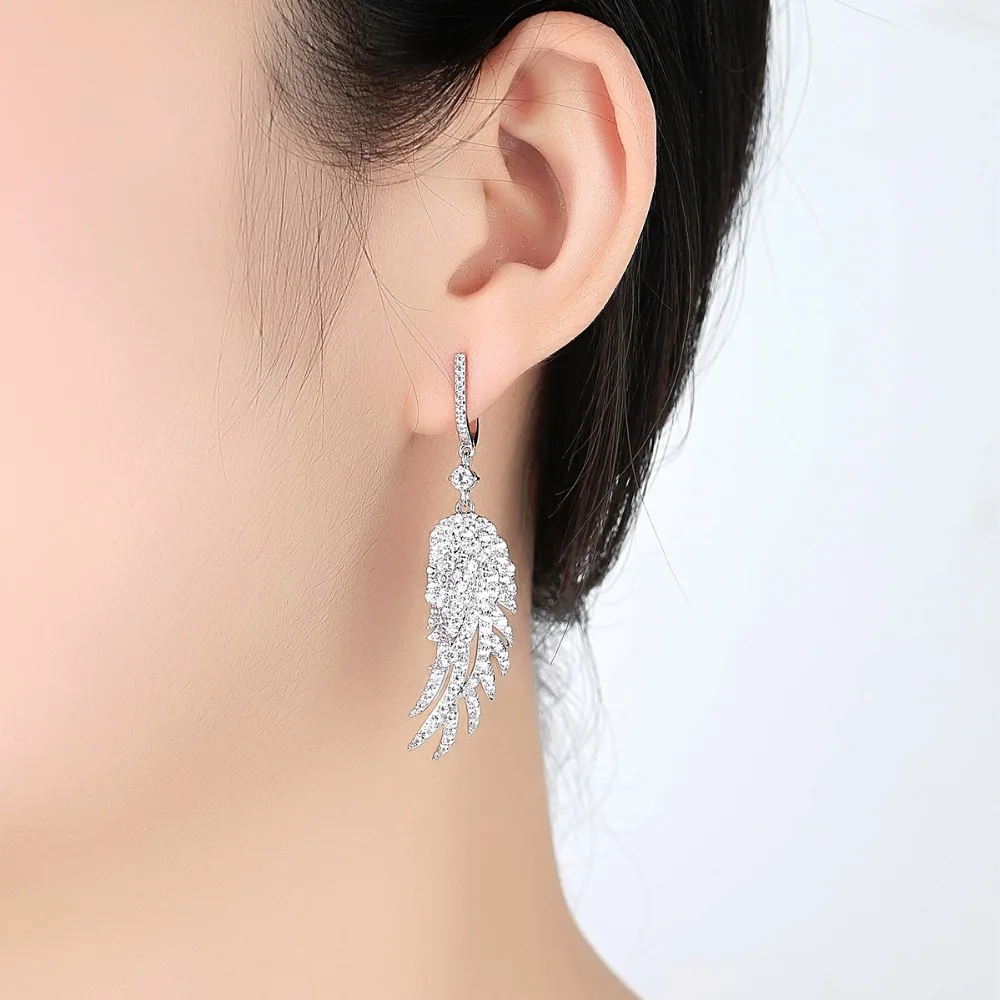 LUOTEEMI Fashion Long Drop Earrings with Stones Angel Wings Large Big Brincos Micro Paved CZ Ear Clip Wedding Jewelry