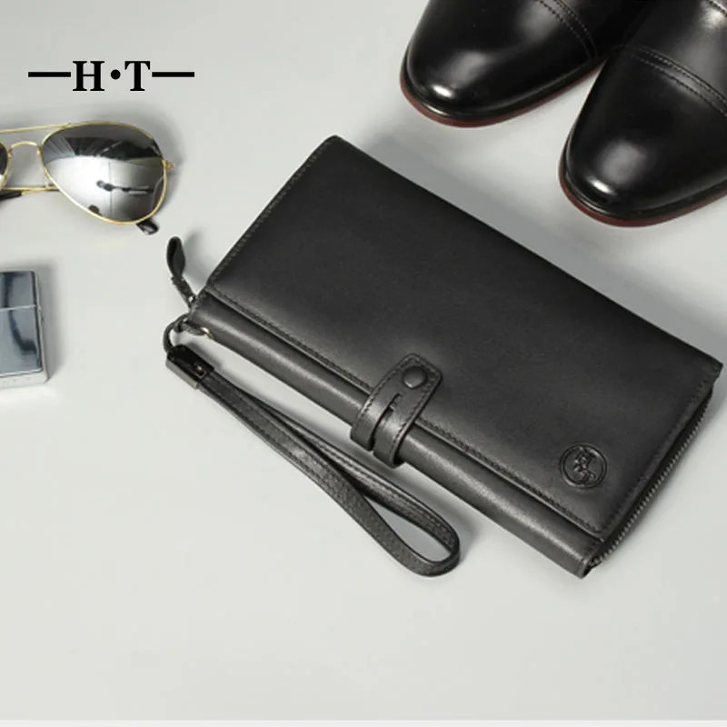

HT Black Wallet Genuine Leather Long Purse Mens Wallets Business Simple Style ID Card Holders Belt Phone Pockets Male Purses