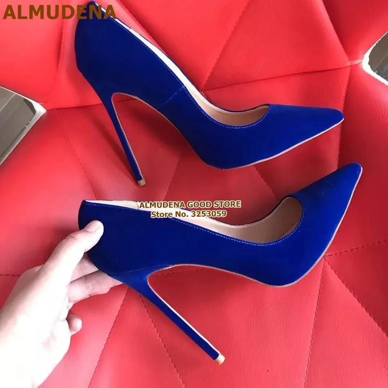 ALMUDENA замшевые модельные туфли-лодочки на шпильке с острым носком; туфли для торжеств на ультравысоком каблуке 12 см с закрытым носком; Цвет фиолетовый, желтый, синий - Цвет: blue suede 12cm