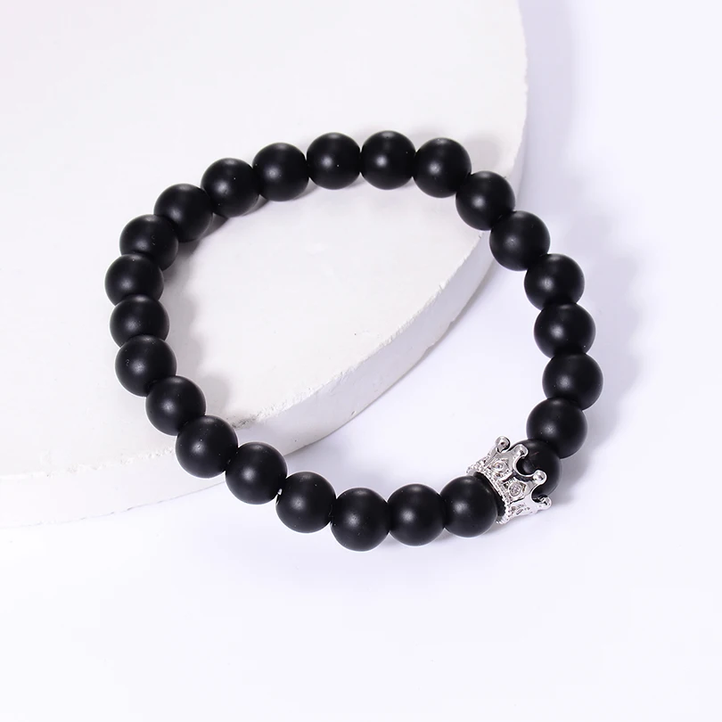 Simple Black White Stone Beads with Silver Color Alloy Crown Bracelet For Women Men Couple Bracelets Bangles Jewelry Lover Gift