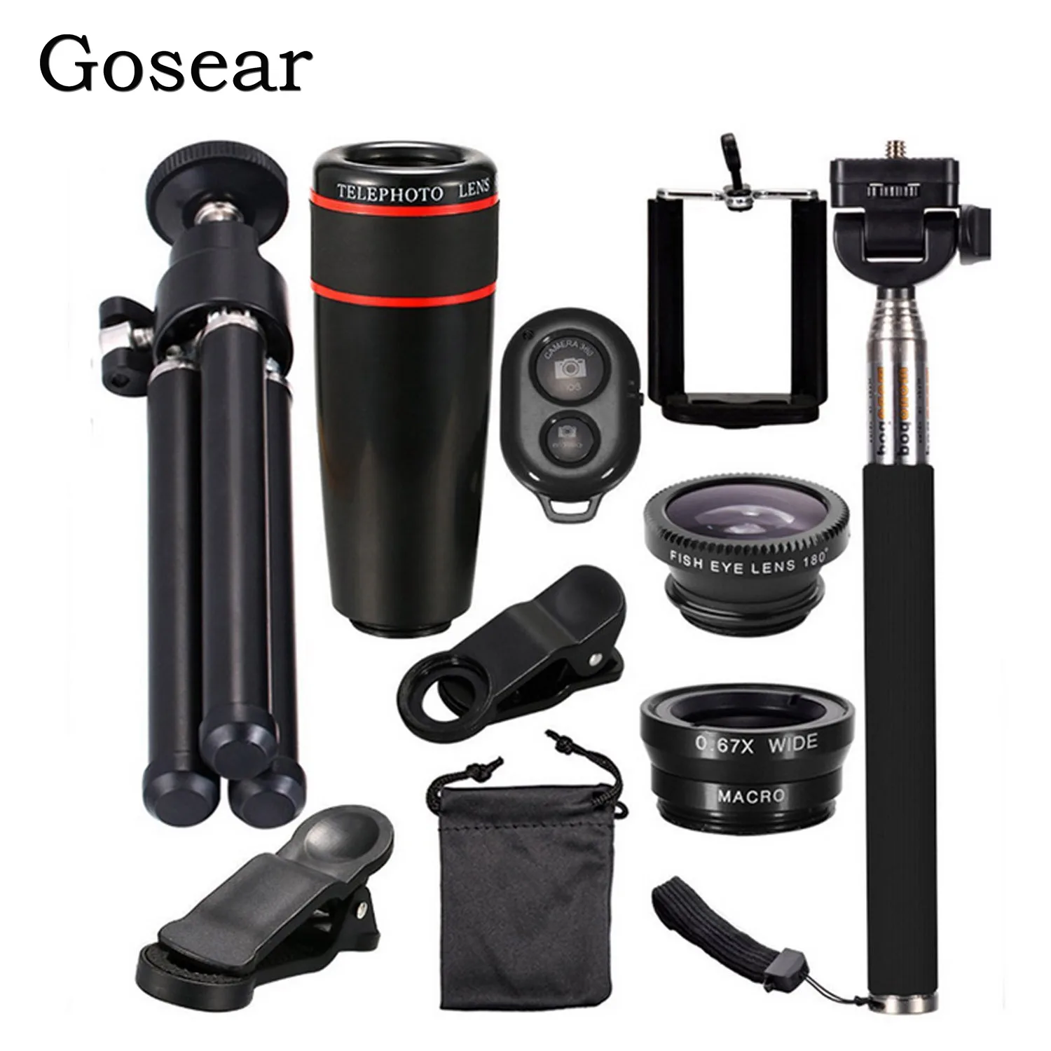 Gosear 8X Zoom телеобъектив объектив рыбий глаз Широкоугольный макро селфи палка Bluetooth