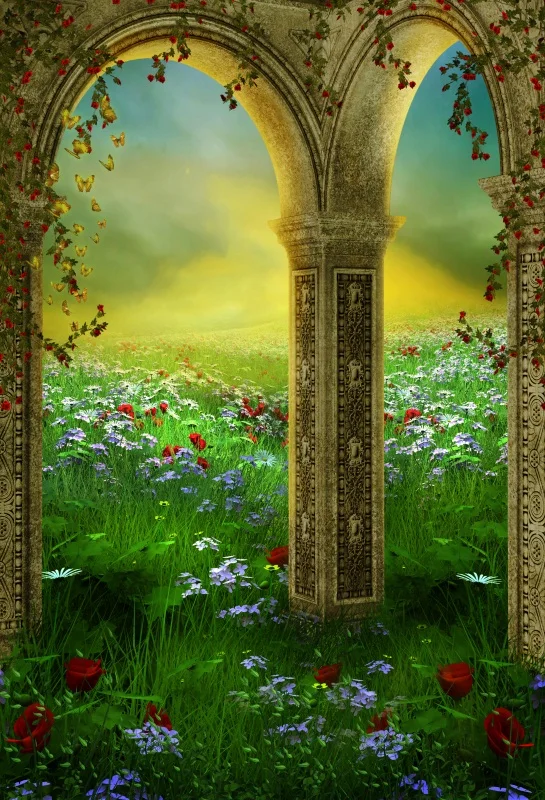 Laeacco Abstract Flowers Grassland Palace Arch Pillars Photography