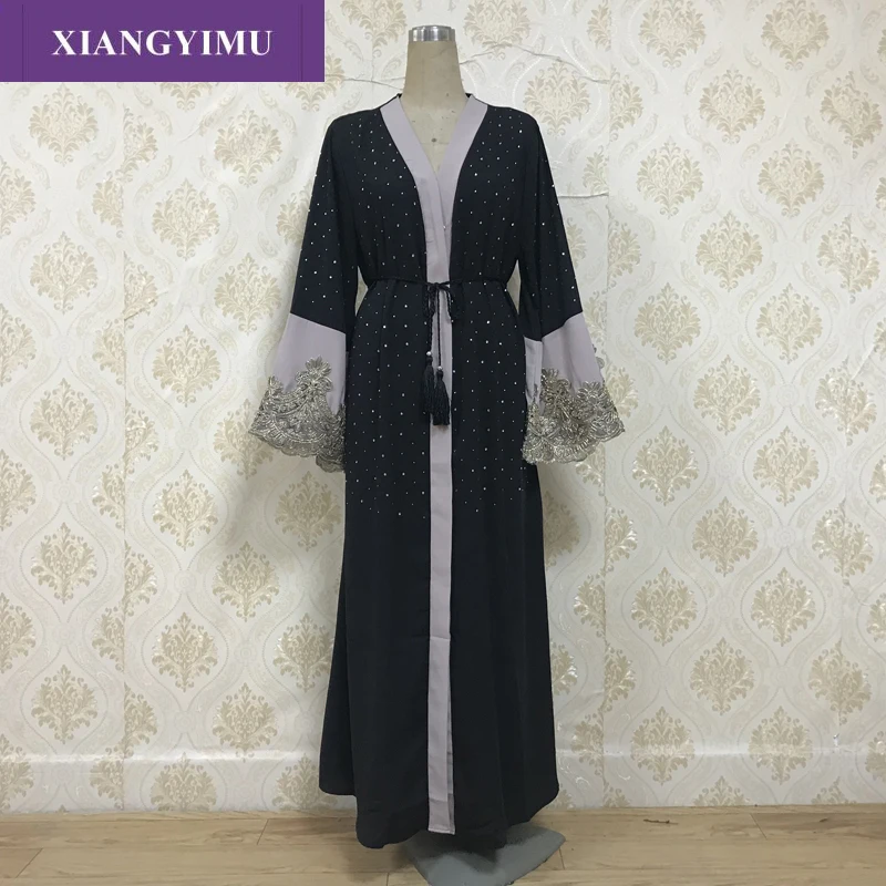

F8841 Muslim black islamic clothing for women embroidery rhinestone dubai kaftan robe dress