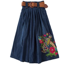Новые женские Джинсовые юбки с вышивкой «Павлин»; с поясом плиссированные юбки размера плюс S-6XL подходит для 40 кг-90 кг