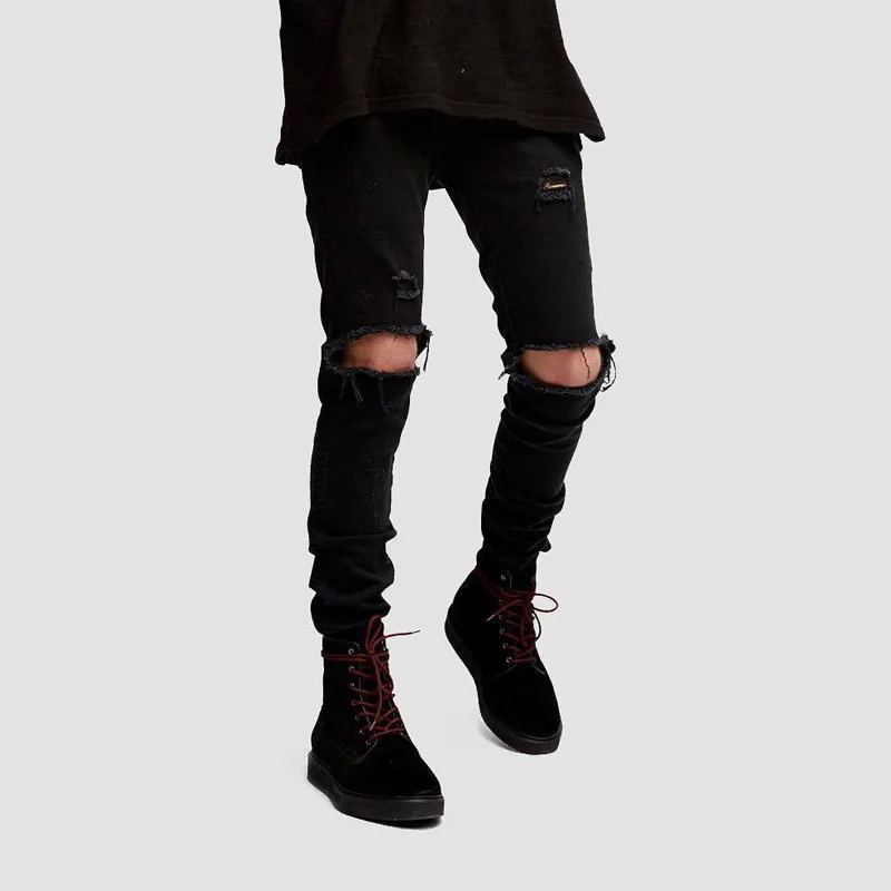 

Men High Quality Slim Fit Casual Black Destroyed Jeans Male Streetwear Hip Hop Ripped Hole Denim Pants Punk Gothic Trousers
