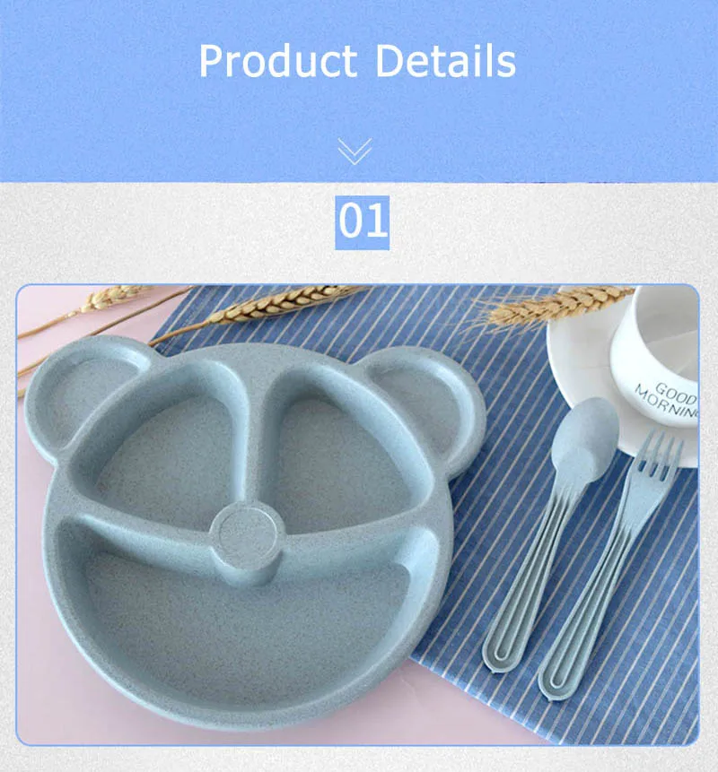3Pcs Baby Bamboo Food Storage Tableware Kids Plate Spoon Fork Solid Dishes Newborn Children Eco-friendly Dinnerware Set BB5129 (7)
