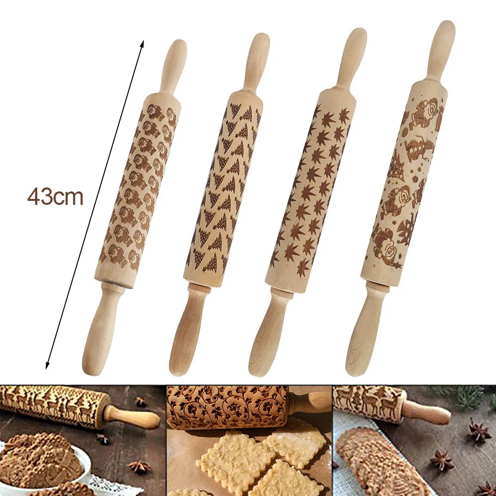 Hot 43cm Christmas Embossed Rolling Pin Beige Wooden Handle Santa Claus