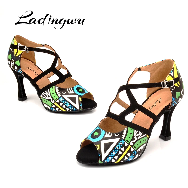 Ladingwu Brand Latin Dance Shoes Women Blue/Orange African texture Ballroom Dance Shoes For Lady Salsa Dance Shoes Black Suede